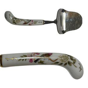 Vintage stainless steel japan cheese slicer Server porcelain floral bird handle